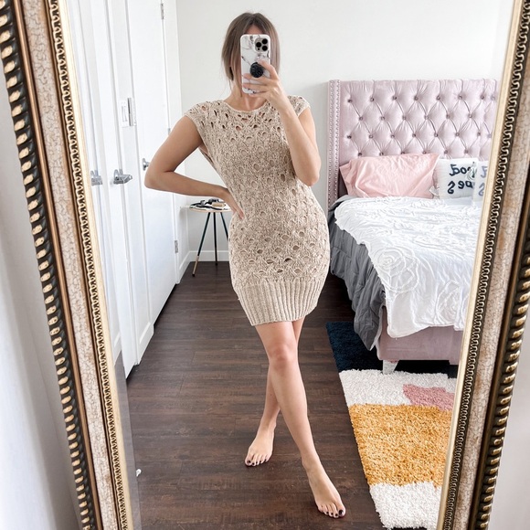 Michelle Belau Tan Luxury Weave Crochet Knit Lined Mini Dress Size Small - Picture 1 of 3